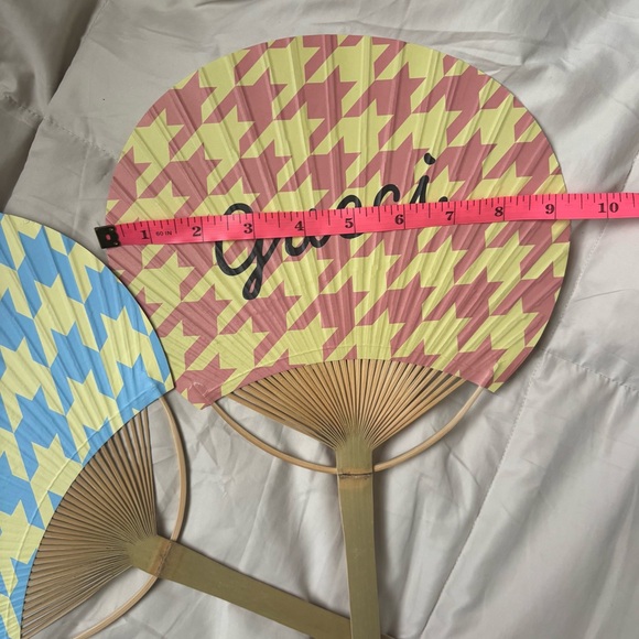Gucci Houndstooth Patterned Bamboo Paper Fans Blue Yellow Peach Pink Summer Hues